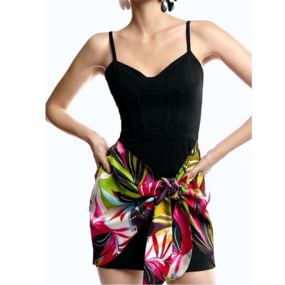 NWOT Black Tropical Zara Mixed Pareo Floral Faux Wrap Mini Dress